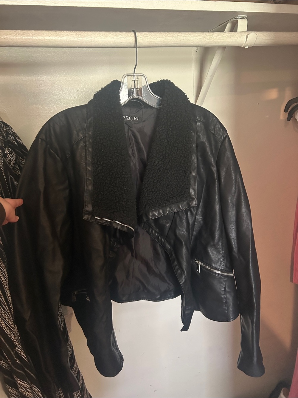 Baccini Black Faux Leather Sherpa-Trim Moto Jacket